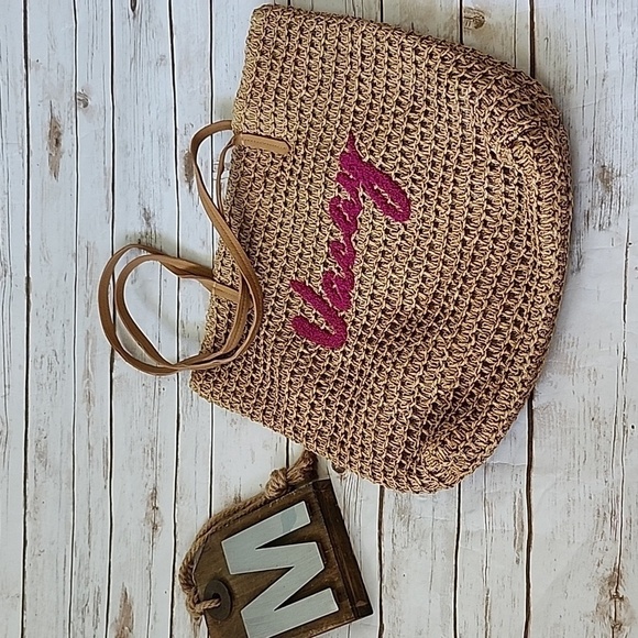 Time and Tru Tan Woven Tote with "Vacay" in Purple - Picture 1 of 12